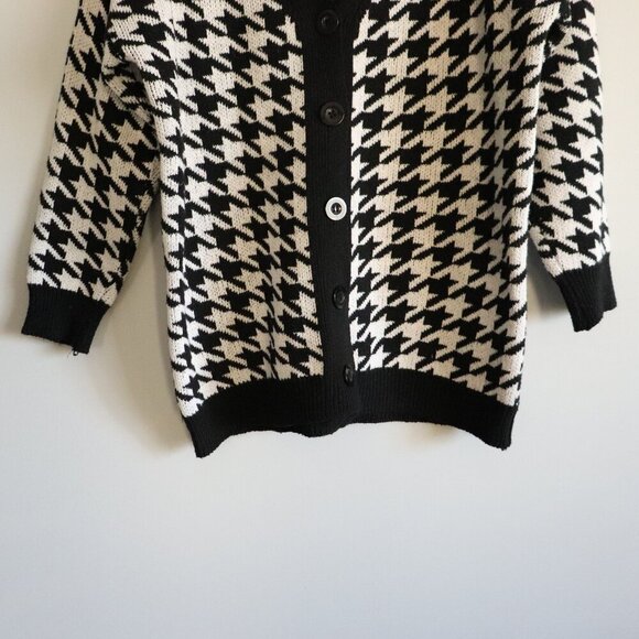 Women's Black/White Sz S Houndstooth Buttoned V-Neck Knit Sweater Cardigan - Picture 7 of 10